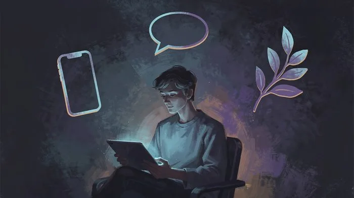 Dijital tablet tutan bir kişi, etrafında simgelerle bağımlılık desteği arıyor.